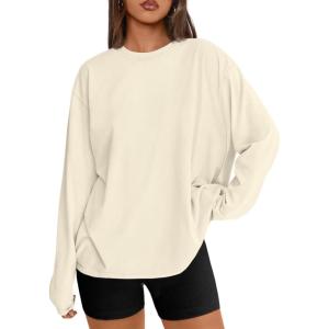 Trendy Queen Womens Oversized Long Sleeve T Shirts 2025 Basic Crewneck Tee Fall Tops Casual Workout Y2K Clothes(Apricot)