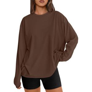 Trendy Queen Womens Oversized Long Sleeve T Shirts 2025 Basic Crewneck Tee Fall Tops Casual Workout Y2K Clothes(Brown)