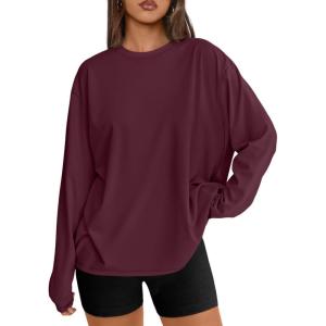 Trendy Queen Womens Oversized Long Sleeve T Shirts 2025 Basic Crewneck Tee Fall Tops Casual Workout Y2K Clothes(Burgundy)