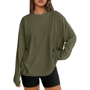 Trendy Queen Womens Oversized Long Sleeve T Shirts 2025 Basic Crewneck Tee Fall Tops Casual Workout Y2K Clothes(Darkgreen)
