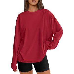 Trendy Queen Womens Oversized Long Sleeve T Shirts 2025 Basic Crewneck Tee Fall Tops Casual Workout Y2K Clothes(Red)