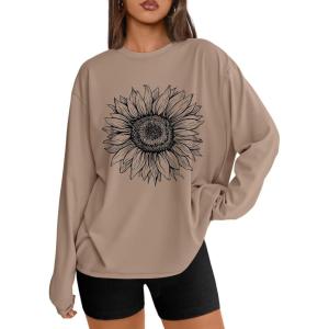 Trendy Queen Womens Oversized Long Sleeve T Shirts 2025 Basic Crewneck Tee Fall Tops Casual Workout Y2K Clothes(Sunflower Khaki)