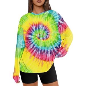 Trendy Queen Womens Oversized Long Sleeve T Shirts 2025 Basic Crewneck Tee Fall Tops Casual Workout Y2K Clothes(Tie Dye Rainbow)