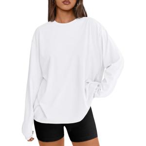 Trendy Queen Womens Oversized Long Sleeve T Shirts 2025 Basic Crewneck Tee Fall Tops Casual Workout Y2K Clothes(White)