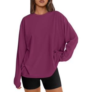 Trendy Queen Womens Oversized Long Sleeve T Shirts 2025 Basic Crewneck Tee Fall Tops Casual Workout Y2K Clothes(Wine)
