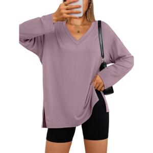 Trendy Queen Womens Oversized Long Sleeve T Shirts Side Slit Workout Tops Fall Fashion Plus Size Gym V Neck Basic Y2k Tees(Darkpink)