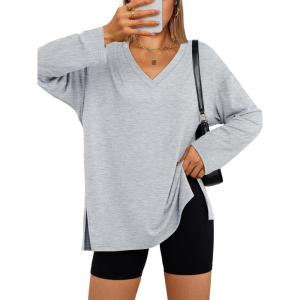 Trendy Queen Womens Oversized Long Sleeve T Shirts Side Slit Workout Tops Fall Fashion Plus Size Gym V Neck Basic Y2k Tees(Grey)
