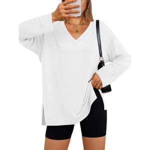 Trendy Queen Womens Oversized Long Sleeve T Shirts Side Slit Workout Tops Fall Fashion Plus Size Gym V Neck Basic Y2k Tees(White)
