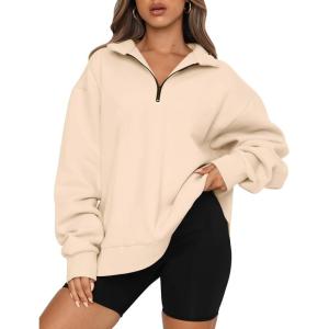 Trendy Queen Womens Oversized Sweatshirts Fall Sweaters Fashion Hoodies Half Zip Pullover Long Sleeve Shirts Clothes(Apricot)