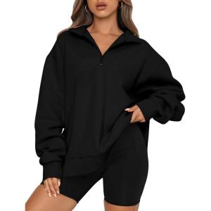 Trendy Queen Womens Oversized Sweatshirts Fall Sweaters Fashion Hoodies Half Zip Pullover Long Sleeve Shirts Clothes(Black)