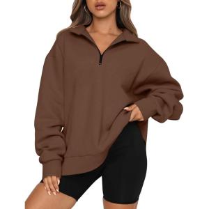 Trendy Queen Womens Oversized Sweatshirts Fall Sweaters Fashion Hoodies Half Zip Pullover Long Sleeve Shirts Clothes(Brown)