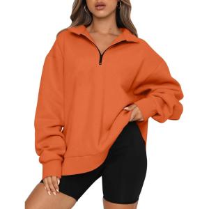 Trendy Queen Womens Oversized Sweatshirts Fall Sweaters Fashion Hoodies Half Zip Pullover Long Sleeve Shirts Clothes(Orange)