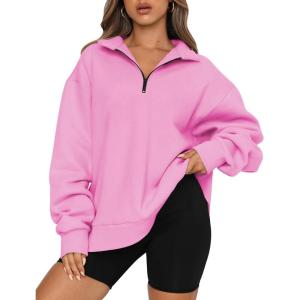 Trendy Queen Womens Oversized Sweatshirts Fall Sweaters Fashion Hoodies Half Zip Pullover Long Sleeve Shirts Clothes(Pink)