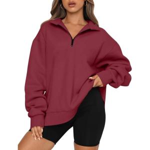 Trendy Queen Womens Oversized Sweatshirts Fall Sweaters Fashion Hoodies Half Zip Pullover Long Sleeve Shirts Clothes(Winered)