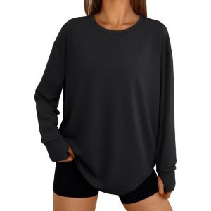 Trendy Queen Womens Oversized T Shirts Fall Thumb Hole Long Sleeve Workout Tops Fashion Plus Size Gym Loose Y2k Tunic Tee(Black)