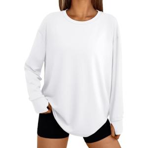 Trendy Queen Womens Oversized T Shirts Fall Thumb Hole Long Sleeve Workout Tops Fashion Plus Size Gym Loose Y2k Tunic Tee(White)