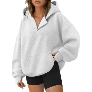Trendy Queen Womens Oversized V Neck Hoodies with Thumb Hole Pullover Sweatshirts Y2k Clothes Fall Fashion Outfits 2025(Grey)