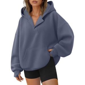 Trendy Queen Womens Oversized V Neck Hoodies with Thumb Hole Pullover Sweatshirts Y2k Clothes Fall Fashion Outfits 2025(Greyblue)