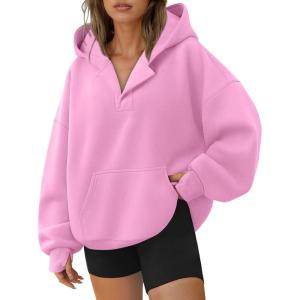 Trendy Queen Womens Oversized V Neck Hoodies with Thumb Hole Pullover Sweatshirts Y2k Clothes Fall Fashion Outfits 2025(Pink)