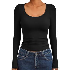 Trendy Queen Womens Scoop Neck Long Sleeve Shirts Skinny Going Out Crop Tops Cute Fall Fashion 2025 Clothes(Black)