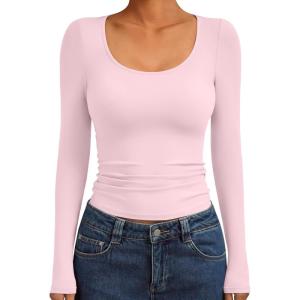 Trendy Queen Womens Scoop Neck Long Sleeve Shirts Skinny Going Out Crop Tops Cute Fall Fashion 2025 Clothes(Pink)