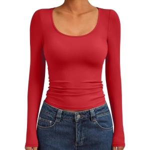 Trendy Queen Womens Scoop Neck Long Sleeve Shirts Skinny Going Out Crop Tops Cute Fall Fashion 2025 Clothes(Red)