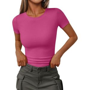 Trendy Queen Womens Short Sleeve Shirts Crewneck Ribbed Knit Slim Fitted T-Shirt Summer Basic Tee 2025 Tops(Hot Pink)