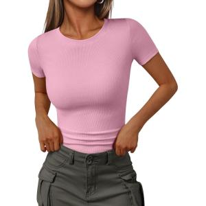 Trendy Queen Womens Short Sleeve Shirts Crewneck Ribbed Knit Slim Fitted T-Shirt Summer Basic Tee 2025 Tops(Pink)
