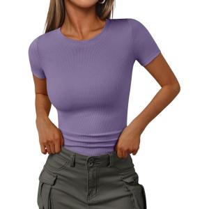 Trendy Queen Womens Short Sleeve Shirts Crewneck Ribbed Knit Slim Fitted T-Shirt Summer Basic Tee 2025 Tops(Purple)
