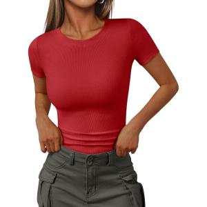 Trendy Queen Womens Short Sleeve Shirts Crewneck Ribbed Knit Slim Fitted T-Shirt Summer Basic Tee 2025 Tops(Red)