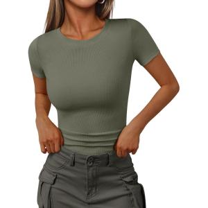 Trendy Queen Womens Short Sleeve Shirts Crewneck Ribbed Knit Slim Fitted T-Shirt Summer Basic Tee 2025 Tops(Sage Green)