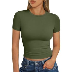 Trendy Queen Womens Short Sleeve T Shirts Summer Crop Tops Basic Slim Fit Gym Workout Y2k Clothes(Army Green)