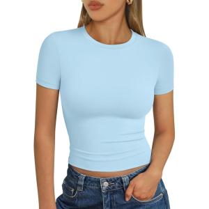 Trendy Queen Womens Short Sleeve T Shirts Summer Crop Tops Basic Slim Fit Gym Workout Y2k Clothes(Baby Blue)
