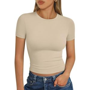 Trendy Queen Womens Short Sleeve T Shirts Summer Crop Tops Basic Slim Fit Gym Workout Y2k Clothes(Beige)