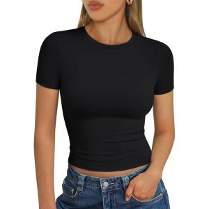 Trendy Queen Womens Short Sleeve T Shirts Summer Crop Tops Basic Slim Fit Gym Workout Y2k Clothes(Black)