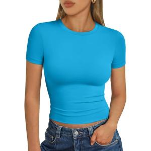 Trendy Queen Womens Short Sleeve T Shirts Summer Crop Tops Basic Slim Fit Gym Workout Y2k Clothes(Blue)