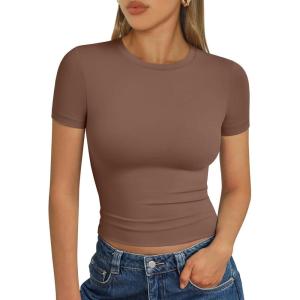 Trendy Queen Womens Short Sleeve T Shirts Summer Crop Tops Basic Slim Fit Gym Workout Y2k Clothes(Coffee)