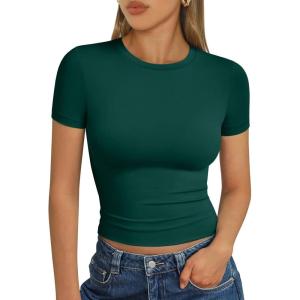 Trendy Queen Womens Short Sleeve T Shirts Summer Crop Tops Basic Slim Fit Gym Workout Y2k Clothes(Dark Green)