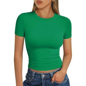 Trendy Queen Womens Short Sleeve T Shirts Summer Crop Tops Basic Slim Fit Gym Workout Y2k Clothes(Green)
