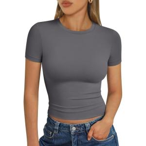 Trendy Queen Womens Short Sleeve T Shirts Summer Crop Tops Basic Slim Fit Gym Workout Y2k Clothes(Grey02)