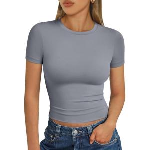 Trendy Queen Womens Short Sleeve T Shirts Summer Crop Tops Basic Slim Fit Gym Workout Y2k Clothes(Light Grey)