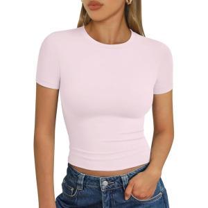 Trendy Queen Womens Short Sleeve T Shirts Summer Crop Tops Basic Slim Fit Gym Workout Y2k Clothes(Light Pink)