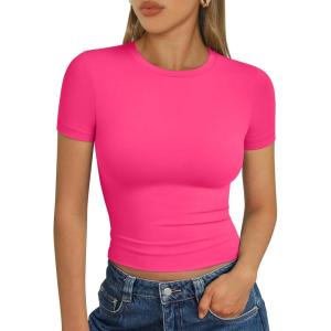 Trendy Queen Womens Short Sleeve T Shirts Summer Crop Tops Basic Slim Fit Gym Workout Y2k Clothes(Neon Pink)