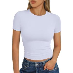 Trendy Queen Womens Short Sleeve T Shirts Summer Crop Tops Basic Slim Fit Gym Workout Y2k Clothes(Off-white)
