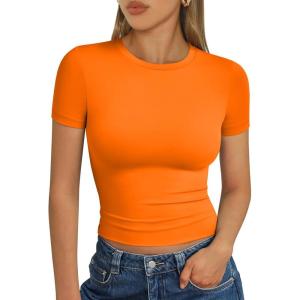 Trendy Queen Womens Short Sleeve T Shirts Summer Crop Tops Basic Slim Fit Gym Workout Y2k Clothes(Orange)