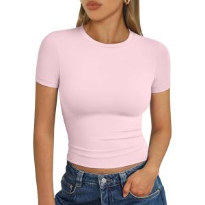 Trendy Queen Womens Short Sleeve T Shirts Summer Crop Tops Basic Slim Fit Gym Workout Y2k Clothes(Pink)