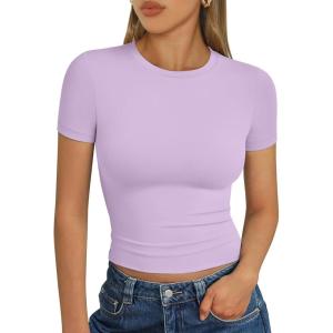 Trendy Queen Womens Short Sleeve T Shirts Summer Crop Tops Basic Slim Fit Gym Workout Y2k Clothes(Purple)