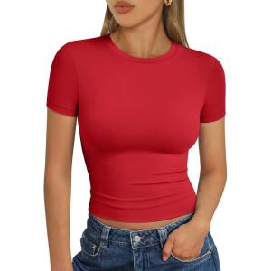 Trendy Queen Womens Short Sleeve T Shirts Summer Crop Tops Basic Slim Fit Gym Workout Y2k Clothes(Red)
