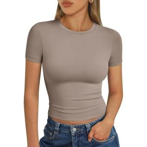Trendy Queen Womens Short Sleeve T Shirts Summer Crop Tops Basic Slim Fit Gym Workout Y2k Clothes(Taupe)
