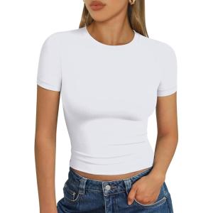 Trendy Queen Womens Short Sleeve T Shirts Summer Crop Tops Basic Slim Fit Gym Workout Y2k Clothes(White)